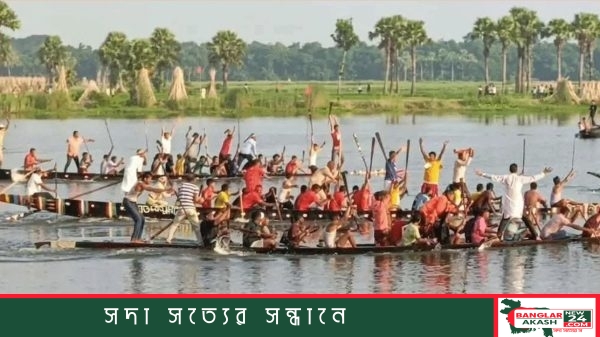 ফরিদপুরের আষাঢ়ের বিলে একের পর এক বাইচের নৌকা দ্রুত গতিতে ছুটে চলার দৃশ্য।